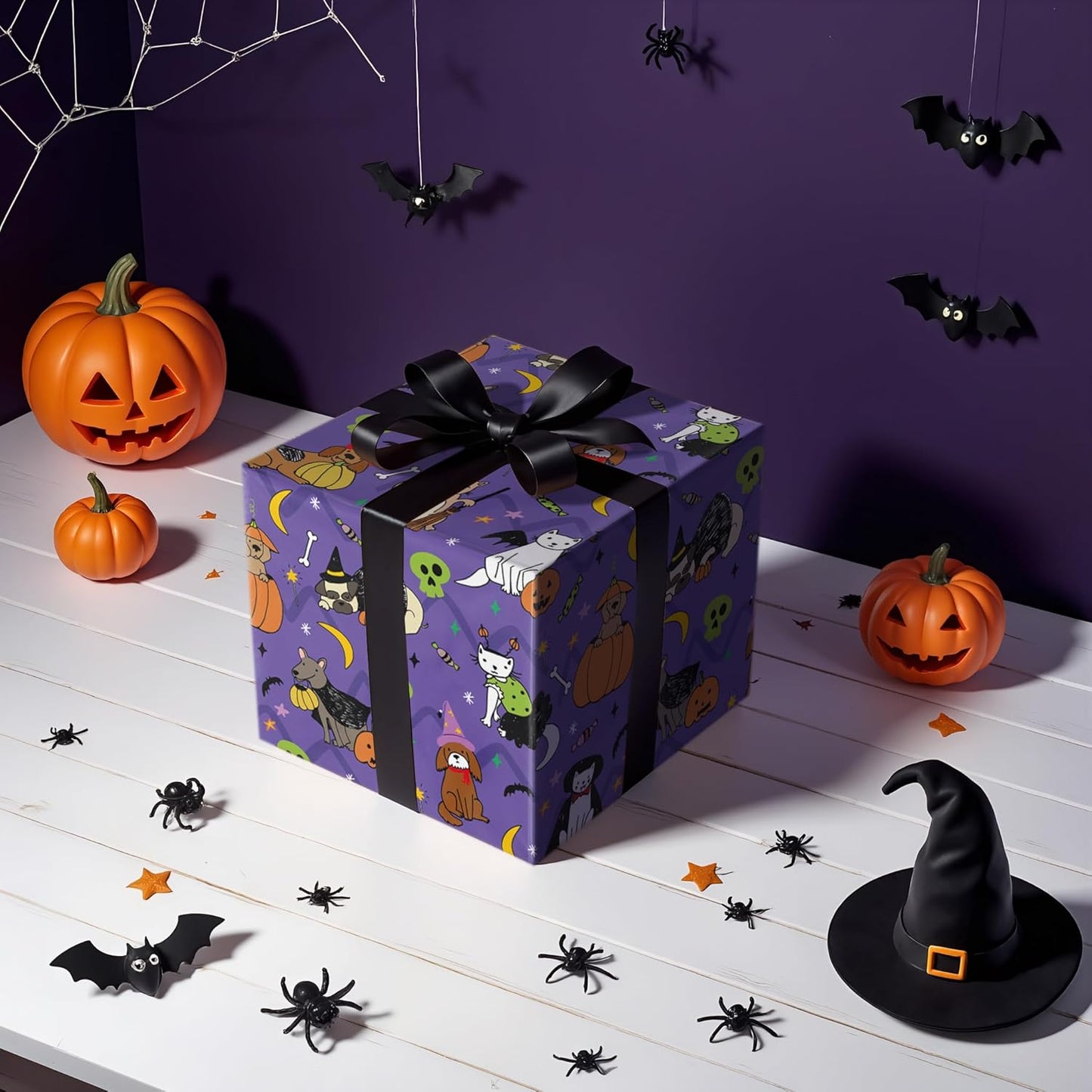 LeZakaa Halloween Purple Animal Wrapping Paper Roll, Cat Dog in Halloween Costumes, Pumpkins Bats Skulls Cheer, for Pet Lovers, Kids, Trick-or-Treat Party Decor, Mini Roll 17 in x 16.4 Ft