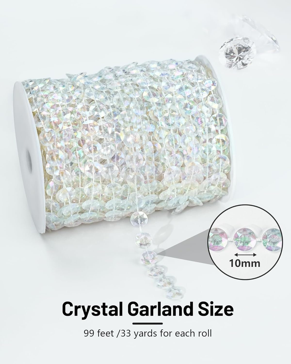 99FT Acrylic Crystal Garland, Iridescent Shimmer Diamond-Shaped Crystal Bead Strands, DIY Crystal Beads String Roll for Wedding Decorations Party Decorations Beaded Curtain Crafting Projects