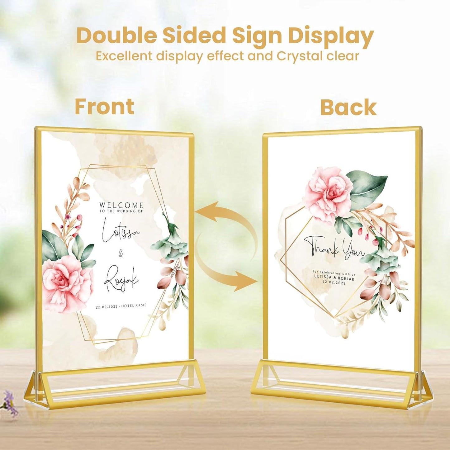 5x7 Gold Acrylic Sign Holder, 12 Pack Wedding Table Number Stands With Vertical Gold Borders, Double Sided Picture Frame Paper Stand, Clear Photo Display Menu for Party, Home, Restaurant