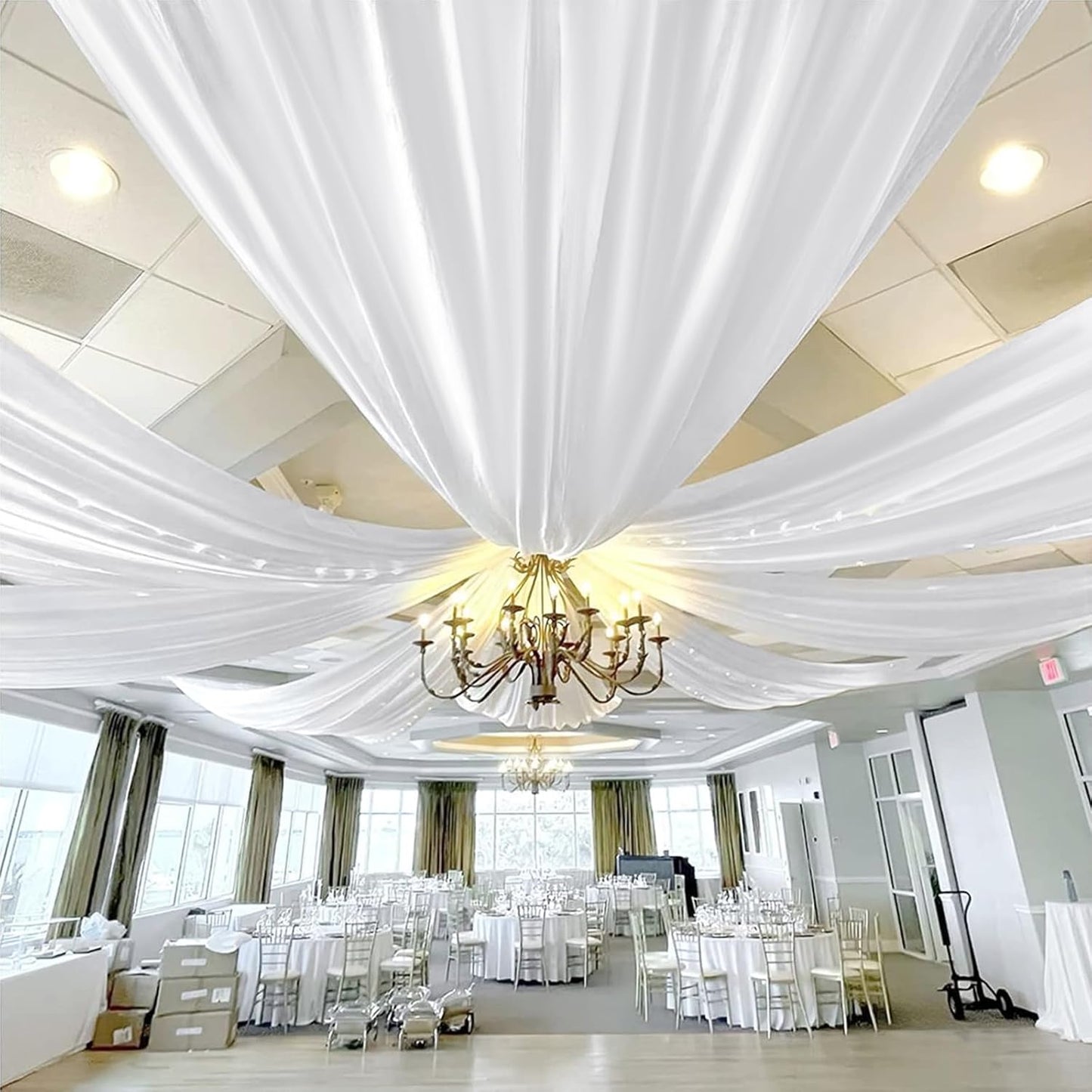 6 Panels White Ceiling Drapes 5ftx15ft Wedding Ceiling Drapes Chiffon Fabric Arch Draping Sheer Curtains Soft Drapery Draping Wedding Ceiling Decorations for Party Ceremony Stage Swag