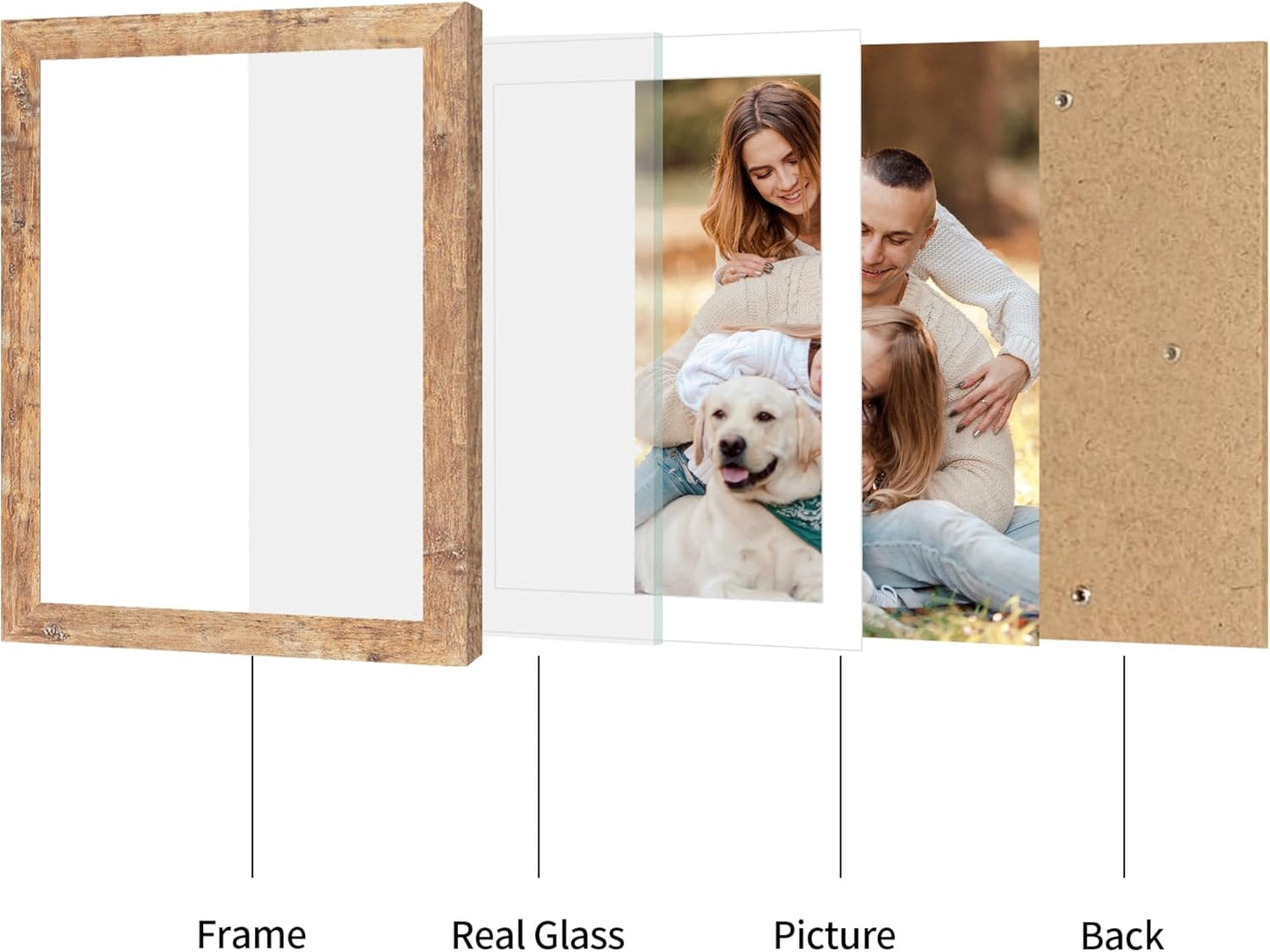 10x14 Picture Frame Set of 4 with Tempered Glass, Rustic Brown Frame Display 8x12 Pictures with Mat or 10 x 14 Without Mat, Wooden Photo Frames for Wall Mounting