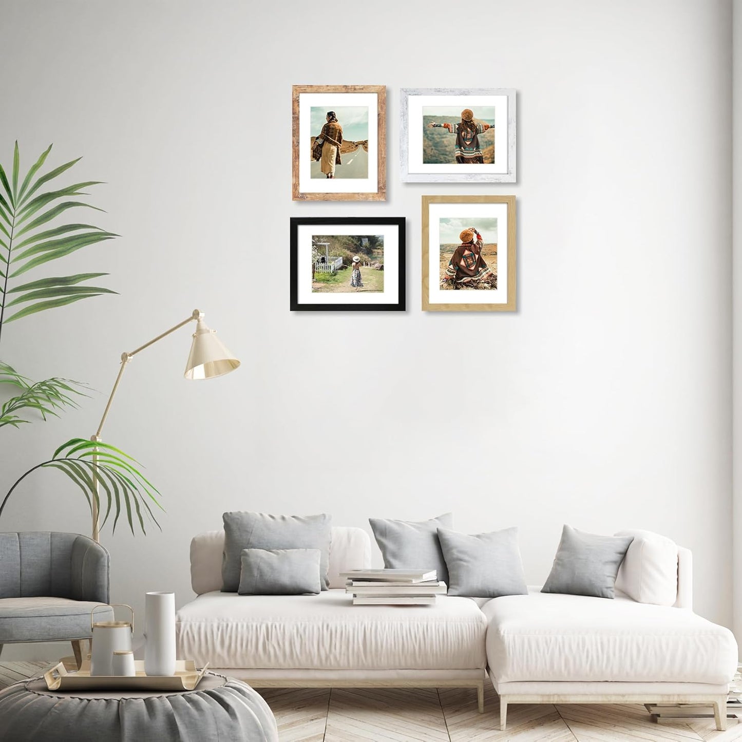 11x14 Picture Frame Set of 4, High Definition Tempered Glass 11 x 14 Frames Display 8x10 Pictures with Mat, Mixed Color Wood Photo Frame Wall Mounting