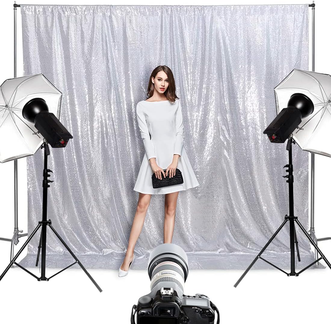 Poise3EHome 6Ft x 8Ft Silver Sequin Backdrop Curtain, Glitter Thick Satin Background Drapes, Sparkly Opaque Photography Curtain, Sequence Xmas Thanksgiving Backdrop for Wedding Party Holiday Decor