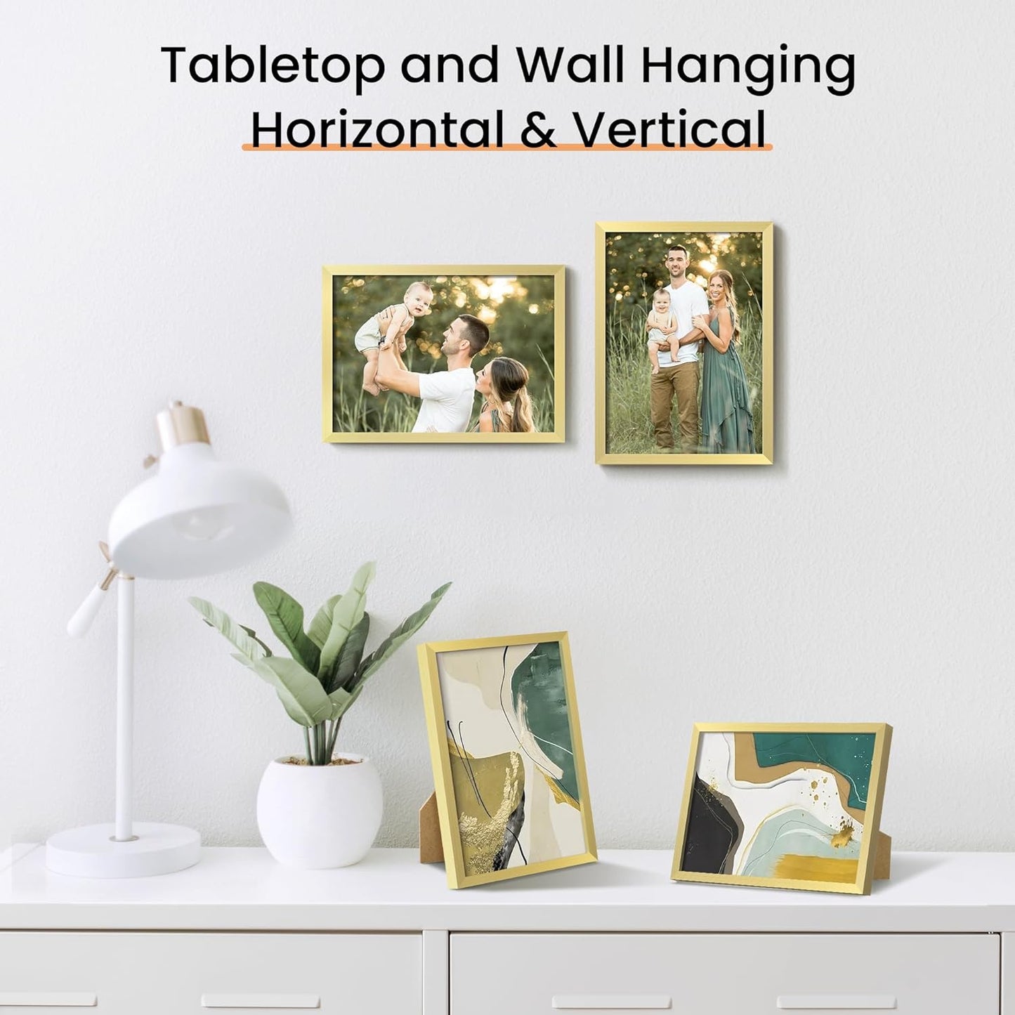 upsimples 5x7 Picture Frame Set of 3, Made of High Definition Glass for 5 x 7 Gold Frames, Wall and Tabletop Display Thin Border Photo Frame for Home Décor