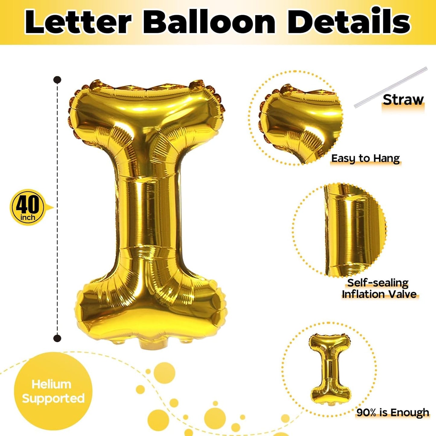 Gold Letter Balloons, 40 Inch Alphabet Name Mylar Self Inflating Custom I Decor, Large Helium Foil for Men Women Birthday Party Decorations Supplies