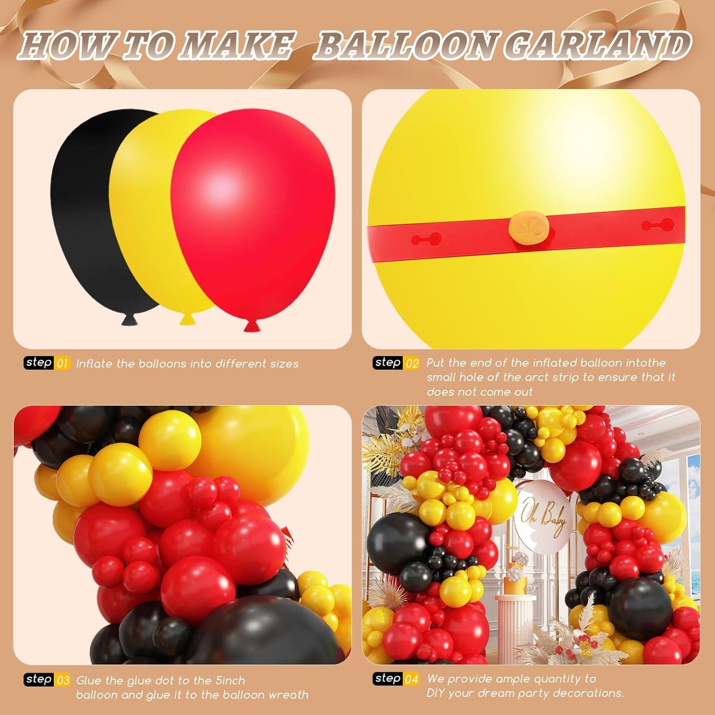 412Pcs Red Yellow Black Balloon Garland Arch Kit,18 12 10 5 Different Sizes Latex Party Balloons for Baby Shower Wedding Graduation Cartoon Game Theme Birthday Party Decorations