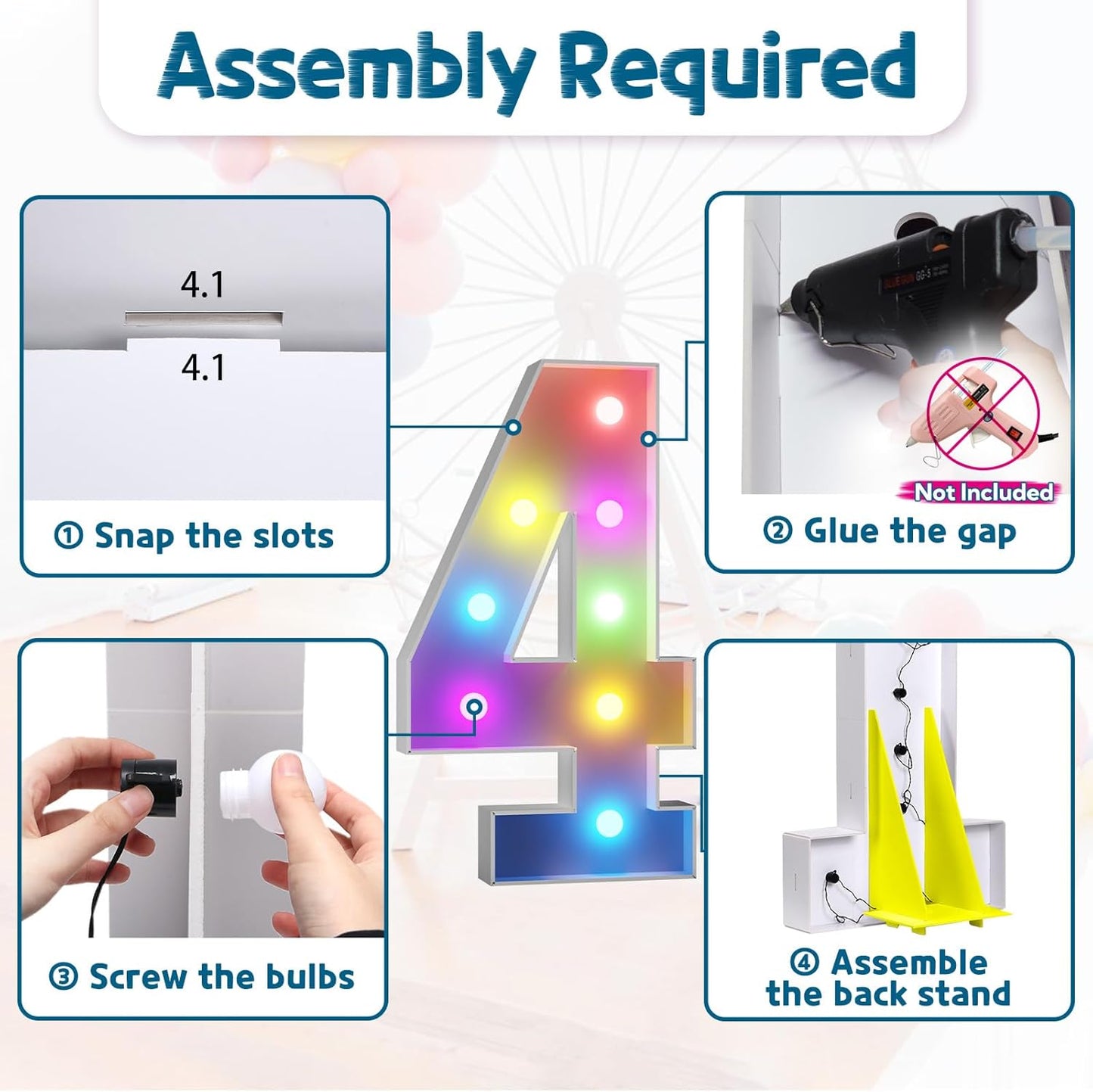 imprsv 3FT Colorful Marquee Numbers,18 Colors Number 4 with Remote, Light Up Numbers Sign for 24th 40th Birthday Decorations Anniversary Party Decor, Pre-Cut Foam Board Kit, Mosaic Numbers for Balloon