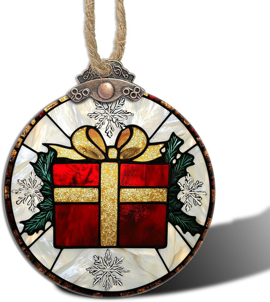 Stained Glass Christmas Decorations, Gold Ribbon Suncatcher for Window Christmas Tree Hanging Ornaments Retro White Snowflake Sun Catcher Xmas Decor Gifts for Women Men Mom Nana Friend