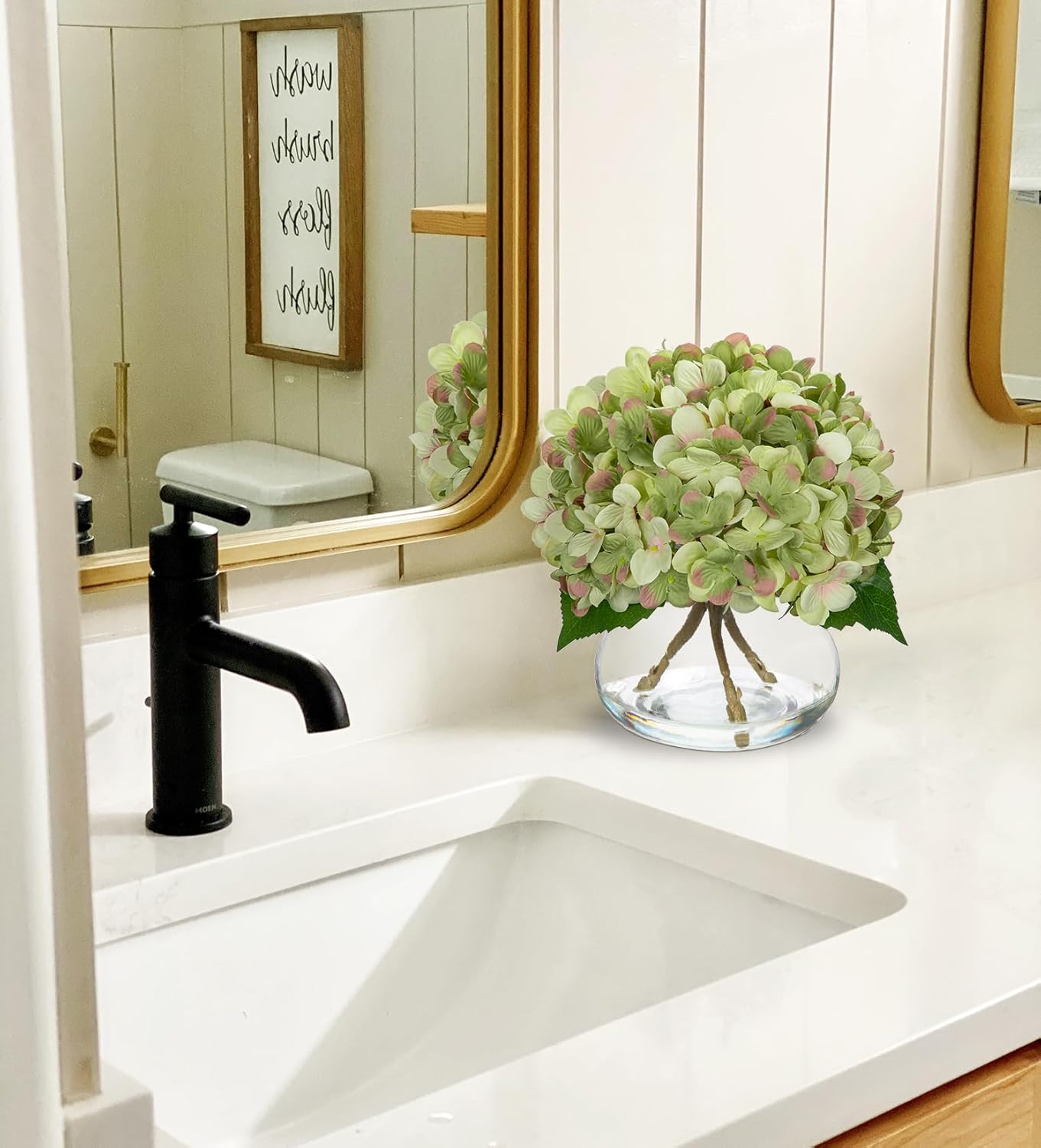 Hollyone Hydrangea Artificial Flowers with Glass Vase Dark Green Silk Faux Flowers Arrangements in Vase with Faux Water Fake Floral Bulk Bouquet for Home Decor Table Centerpiece Decorations