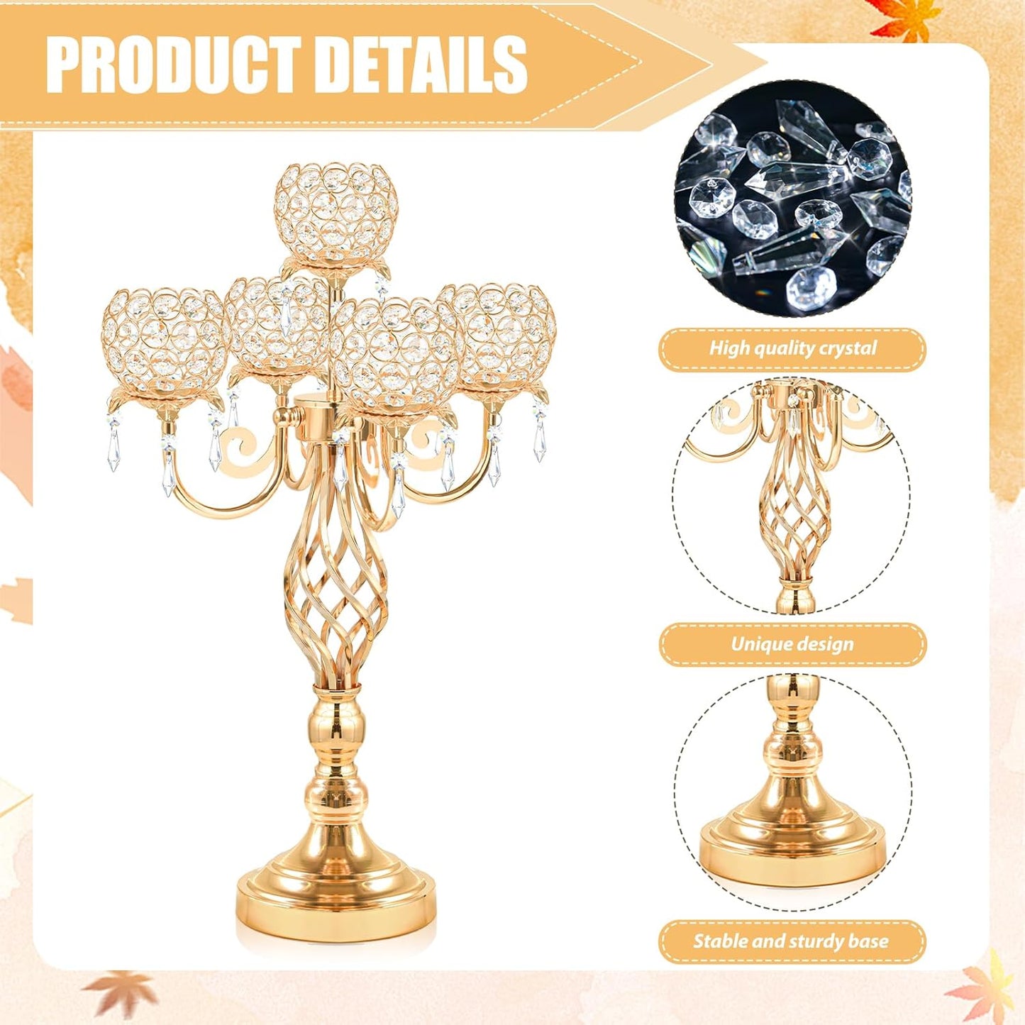 5-Arm Crystal Candelabra Centerpiece 23.2" Tall - Elegant Candle Holder Stand with Crystal Bowl, Chic Table Decor for Weddings, Parties, Anniversary & Home Decoration (4, Gold)