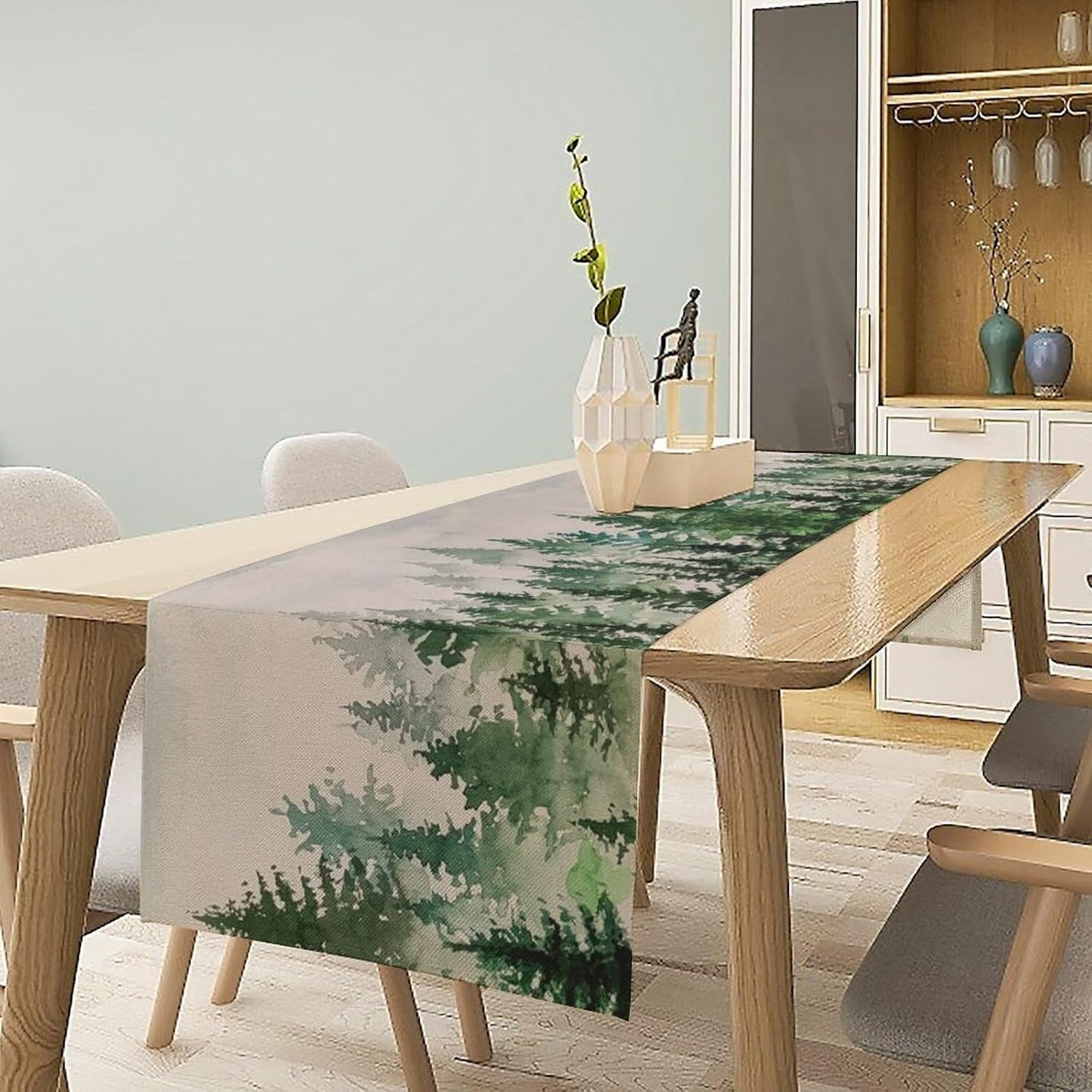 Foggy Forest Table Runner,Green Forest Natural Landscape Table Runner for Kitchen Dining Table Home Party Decoration 13x72 Inch