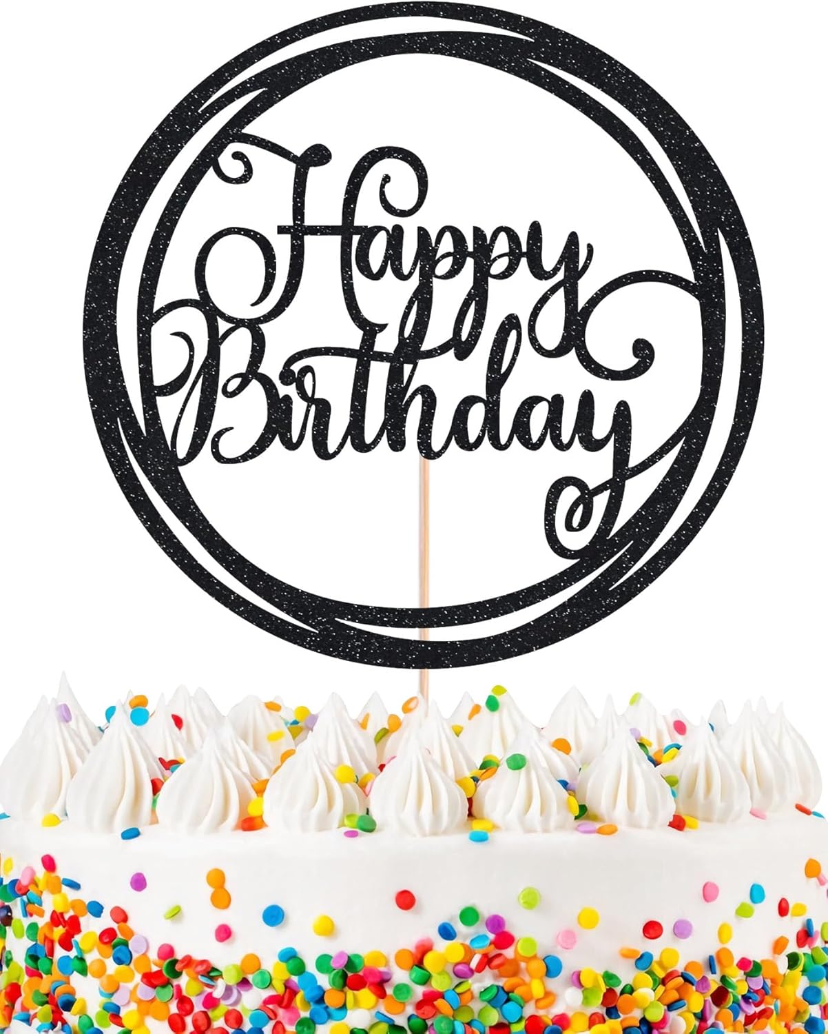 Happy Birthday Cake Topper - Black Glitter Happy Birthday Cake Decoration Supplies for Children or Adults - Happy Birthday Cake Bunting Decor, Photo Booth Props
