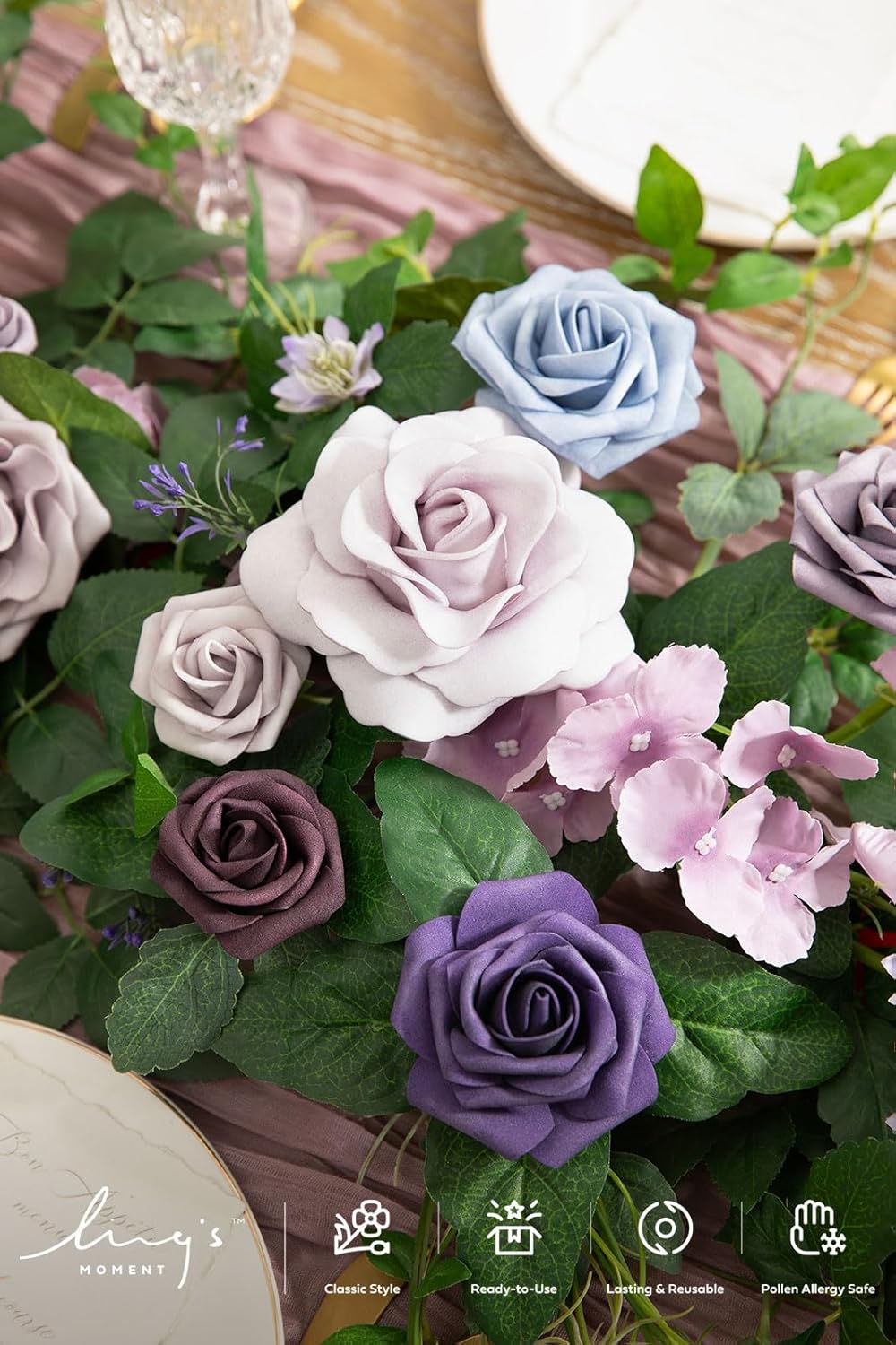 Ling's Moment Flower Garland - 6FT Eucalyptus & Rose - Sweetheart Table Decor for Wedding Reception, Artificial Floral Garland for Arch Mantle, Christmas, Backdrop Decoration, Purple