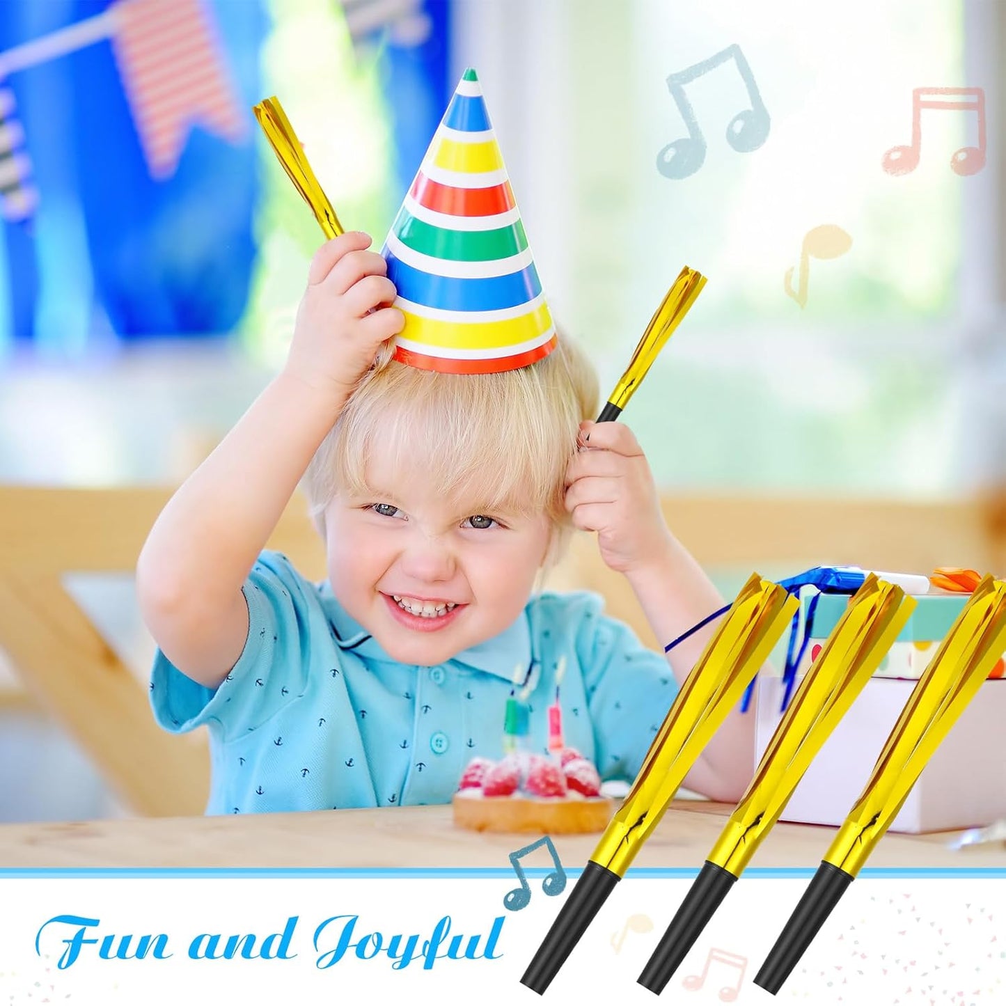 48 Pcs Gold Noise Makers Glitter Metallic Fringed Noise Makers Horns for Baby Shower, Kids Birthday, Wedding Party, New Year Party Favor