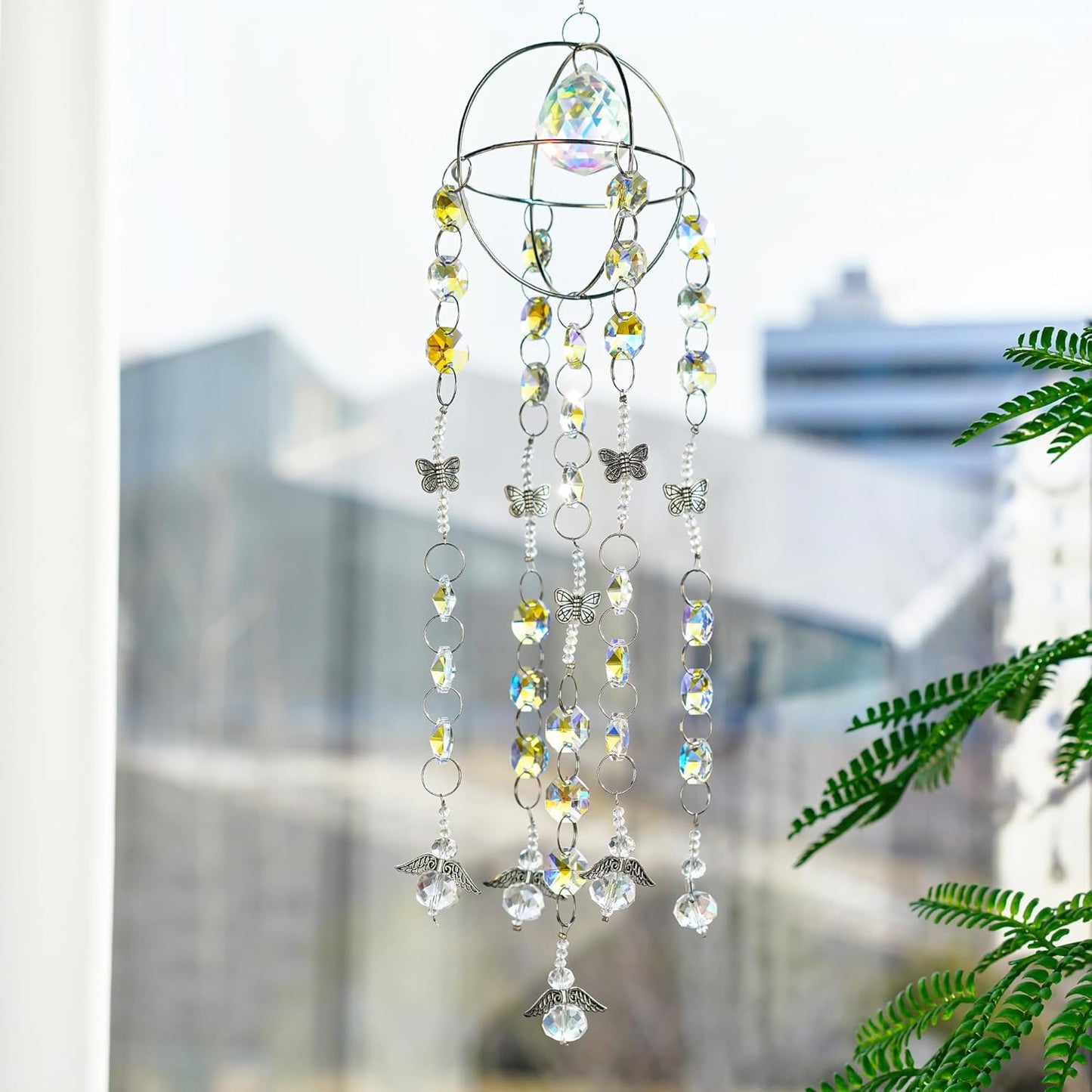 Garden Suncatcher Crystal Pendant Round Shaped Glass Prisms Beads Chain Hanging Angel Ornament Rainbow Maker Aura Prism Glass Crystal Sun Catchers