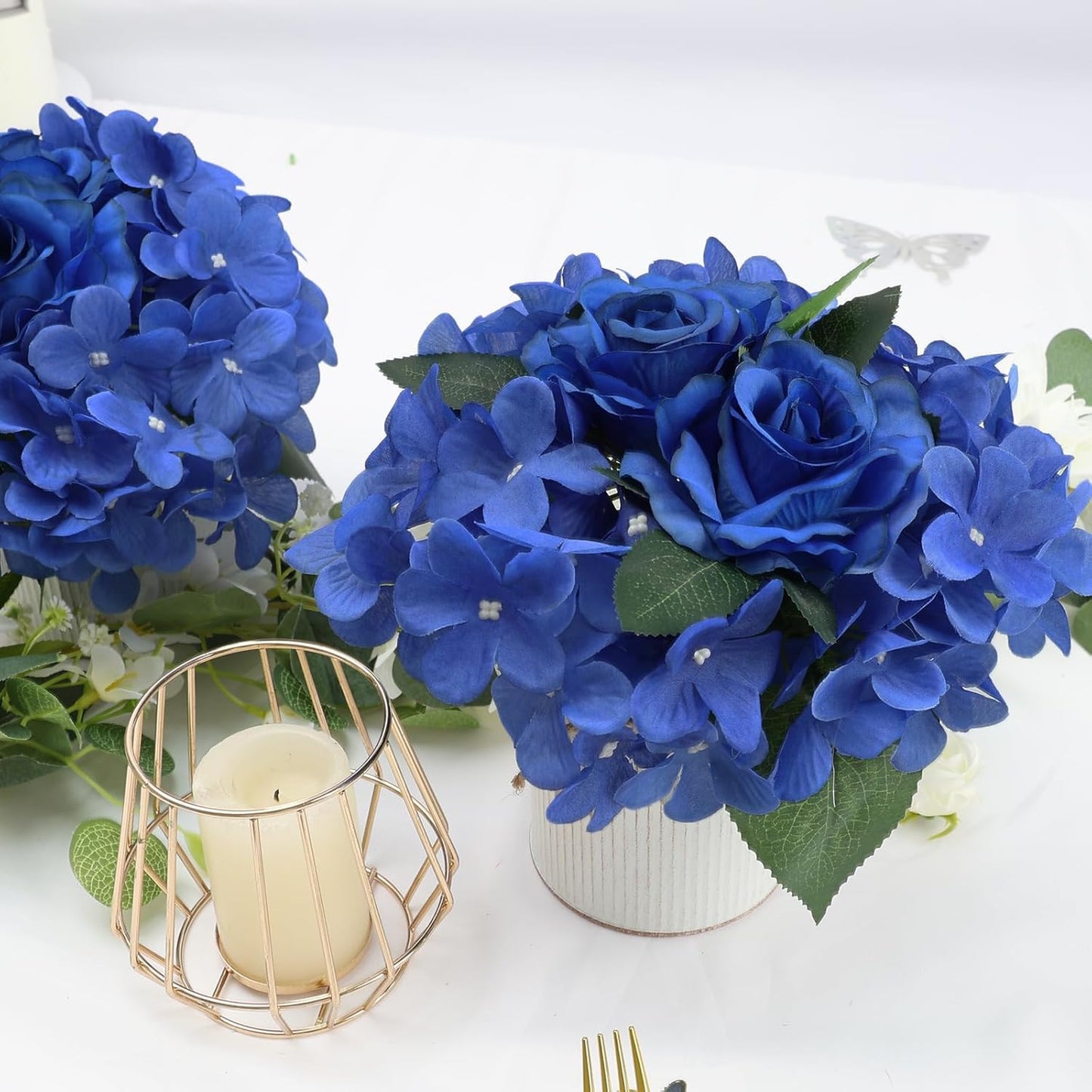 Flower Table Centerpieces - Set of 6 Floral Arrangement Artificial Wedding Hydrangeas Floral Arrangement with Rustic Metal Vase for Bridal Tea Party Event Decorations - Royal Blue
