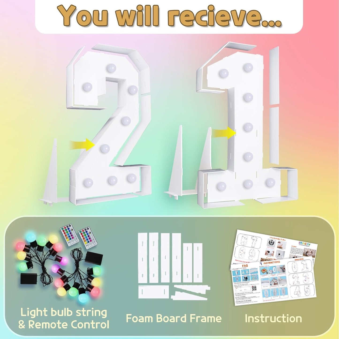 Marquee Numbers Colorful 21st-Birthday Decoration: 4FT Large Light Up 21 Year Old Birthday Decorations Anniversary Backdrop for Him Her Cardboard White Sign 18 Colors Number 21 Mosaic Balloon Frame