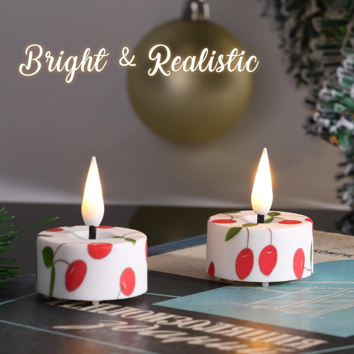 Eywamage Cherry Flameless Tealights with Remote Batteries, Flickering Plastic LED Tea Votive Candles Set of 12