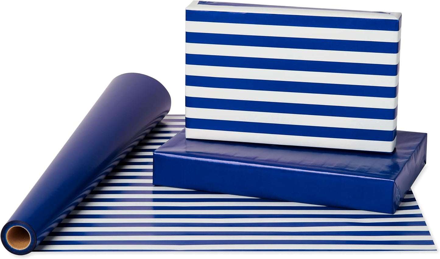 American Greetings Reversible Wrapping Paper Jumbo Roll for All Occasions, Navy and Stripes (1 Roll, 175 sq. ft.)