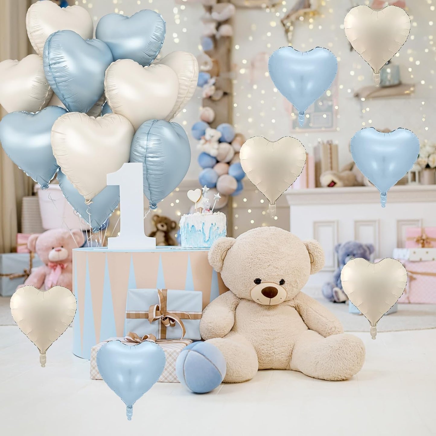 Blue White Heart Balloons, 18 Inch Baby Blue Cream Foil Heart Balloons, 10PCS Light Blue Nude Heart Shape Balloons Blue Helium Mylar Balloons for Boys Men Birthday Baby Shower Valentines Graduation