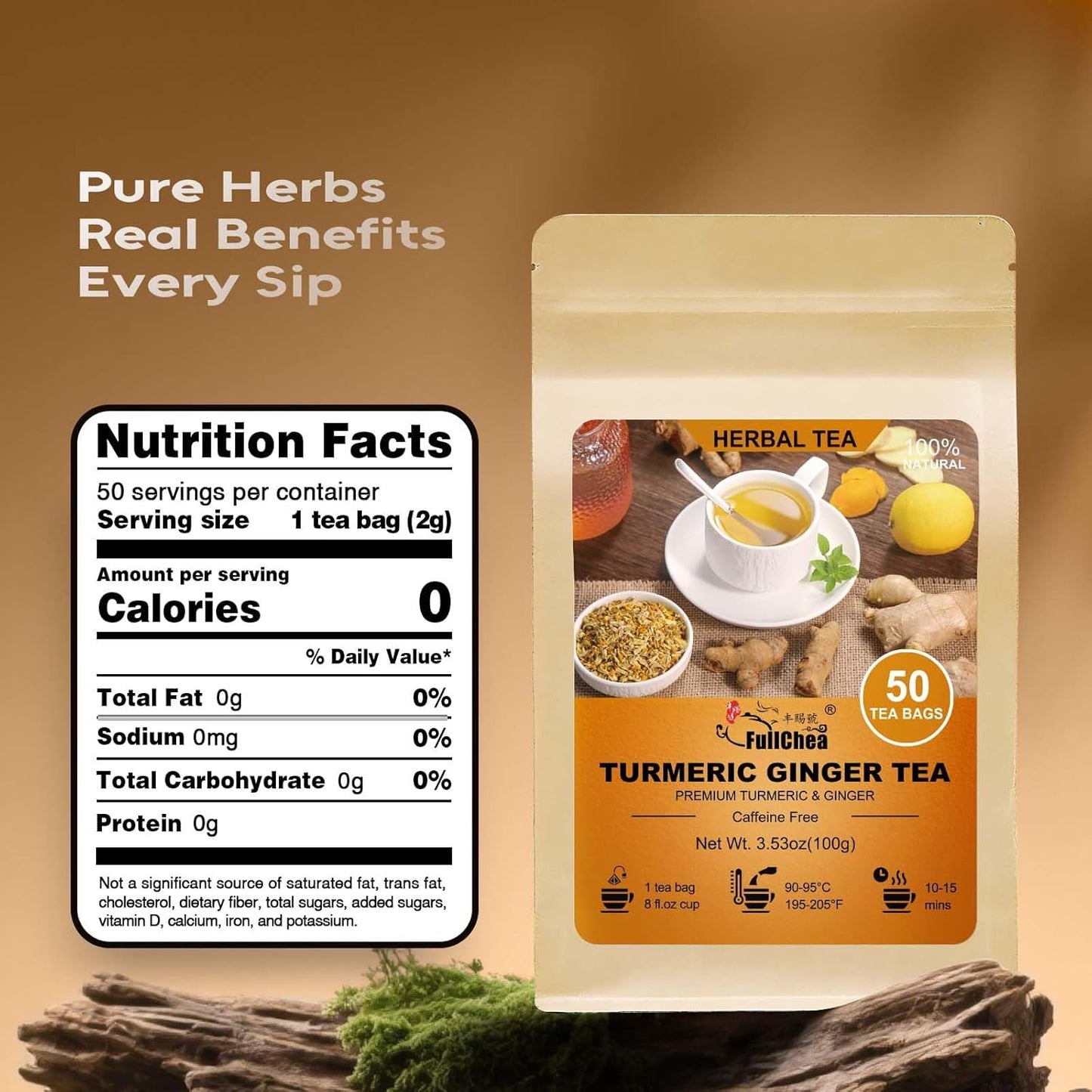 FullChea - Turmeric Ginger Tea Bags, 50 Count, 2g/bag - Premium Turmeric & Ginger- Non-GMO - Caffeine-free - Boost Immunity & Aid Digestion