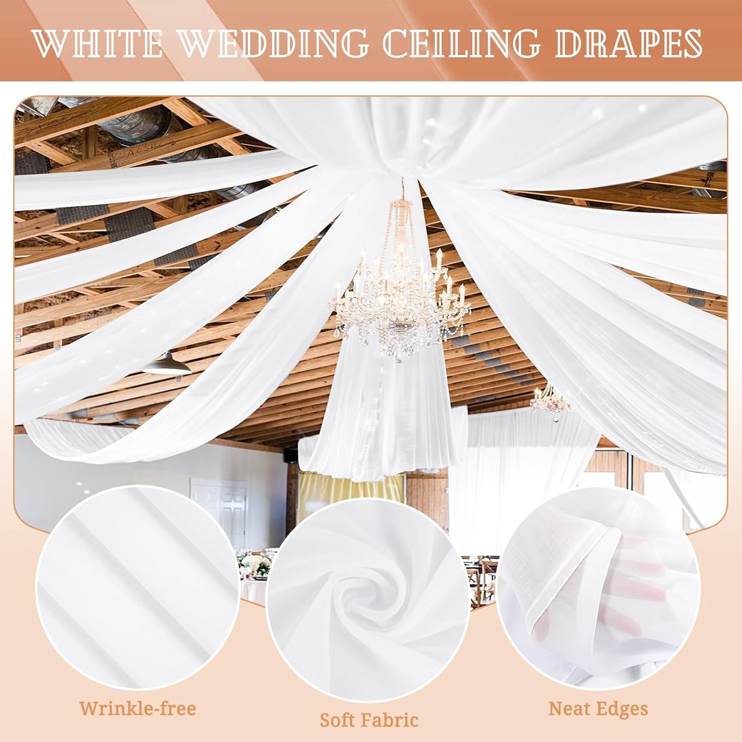 6 Panels White Ceiling Drapes for Wedding 5ftx20ft Sheer Drapery Chiffon Fabric Arch Draping Curtains for Party Ceremony Birthday Baby Shower Reception Stage Ceiling Decorations