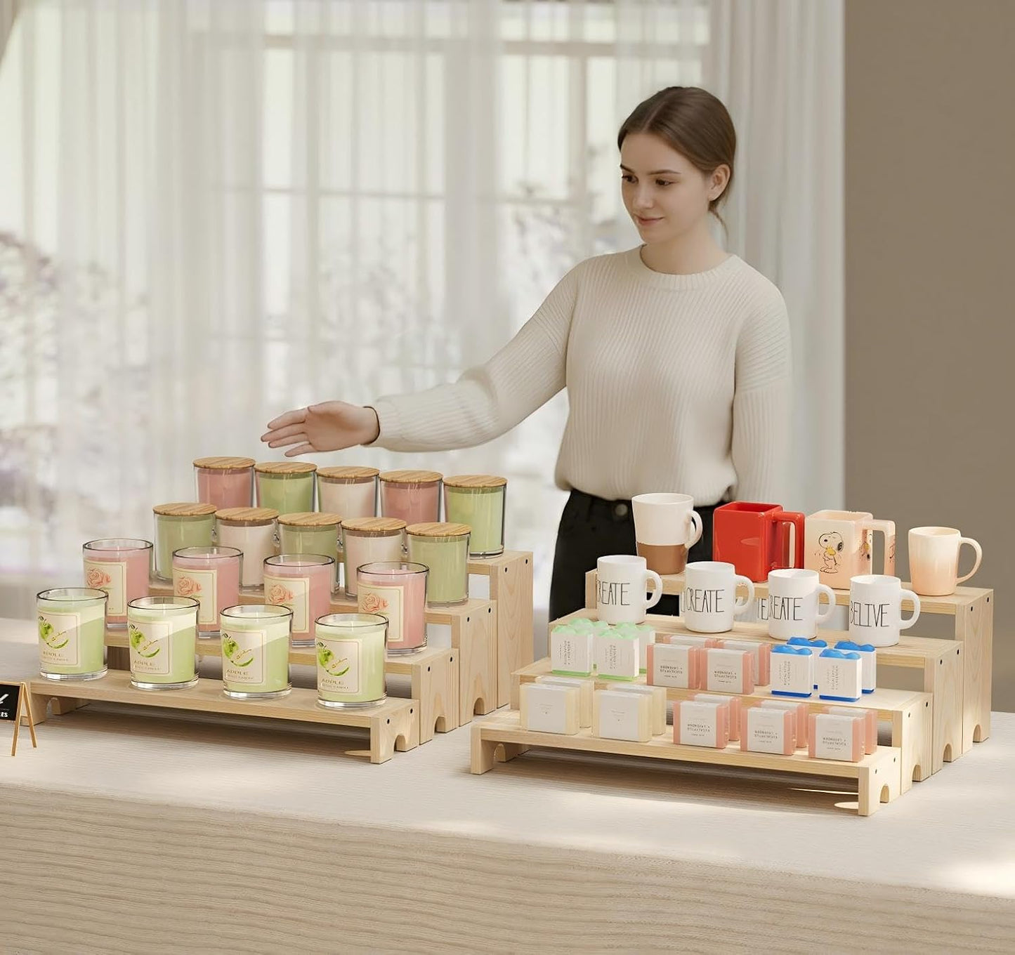 14 Inch Large Wooden Tiered Riser Display Stands, 2 Set Stackable Wooden Cupcake Stand Dessert Table Display Set,Tiered Shelf Organizer,Display Stands Shelf,Vendor Booth Display Items for Vendor Events（Natural Wood Color）