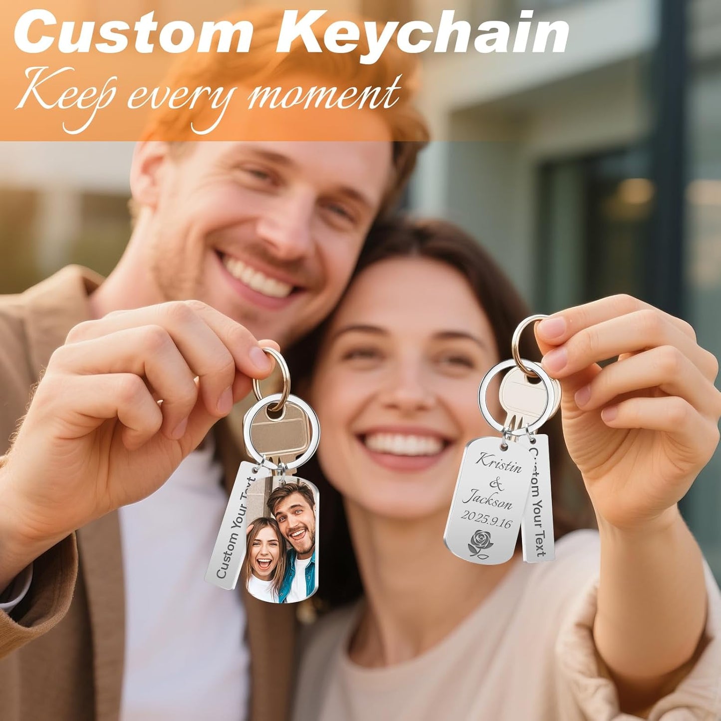 Custom Keychain with Picture, Personalized Photo Keychain with LOGO Text, Customized Gifts for Boyfriend Couple