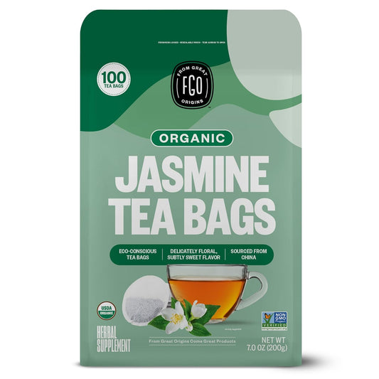 FGO Organic Jasmine Green Tea, 100 Count, Eco-Conscious Tea Bags, Resealable Bag, Packaging May Vary (Pack of 1)
