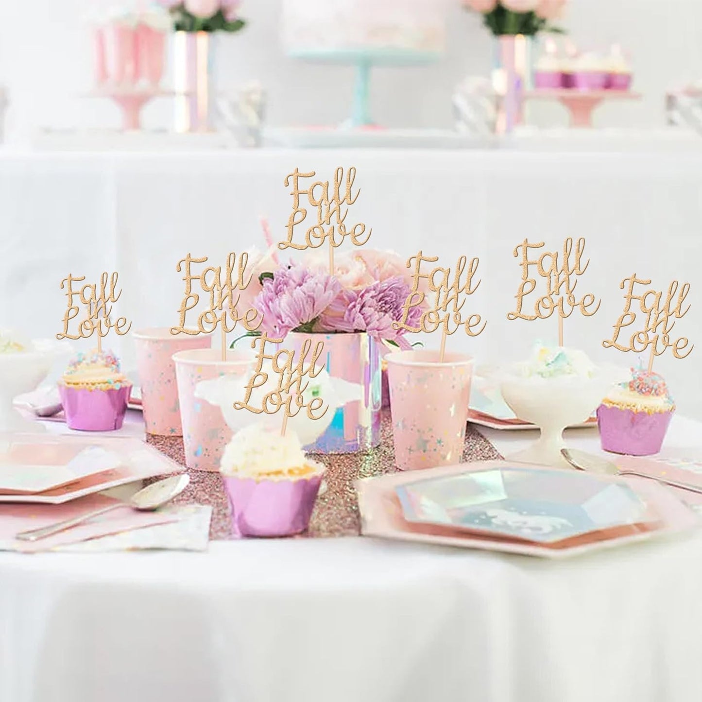 24 PCS Fall in Love Cupcake Toppers Glitter Fall Theme Bridal Shower Cupcake Picks for Autumn Wedding Engagement Anniversary Birthday Bridal Shower Party Cake Decorations Supplies Champagne Gold