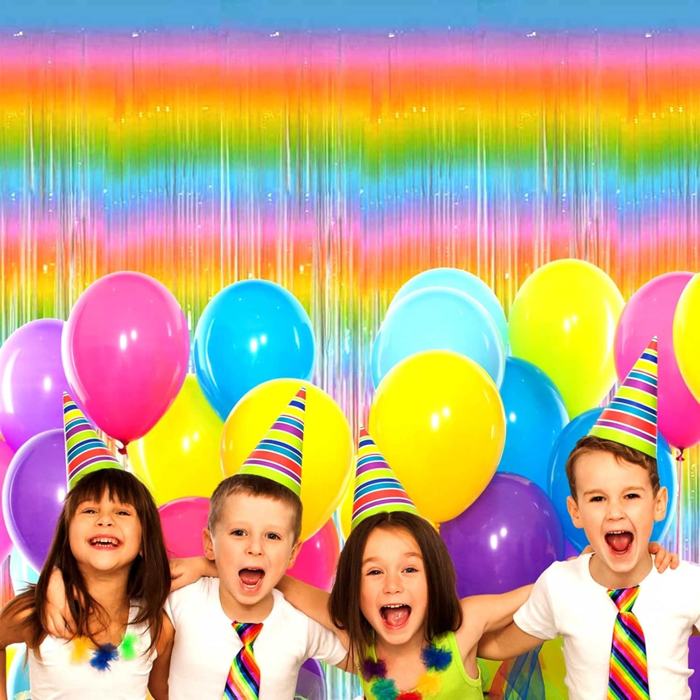 4 Pack Rainbow Tinsel Foil Fringe Curtain Backdrop, 3.28Ft x 8.2Ft Colorful Metallic Streamers for Photo Booth Props Wedding Bridal Shower Bachelorette Birthday Easter Christmas Party Decoration