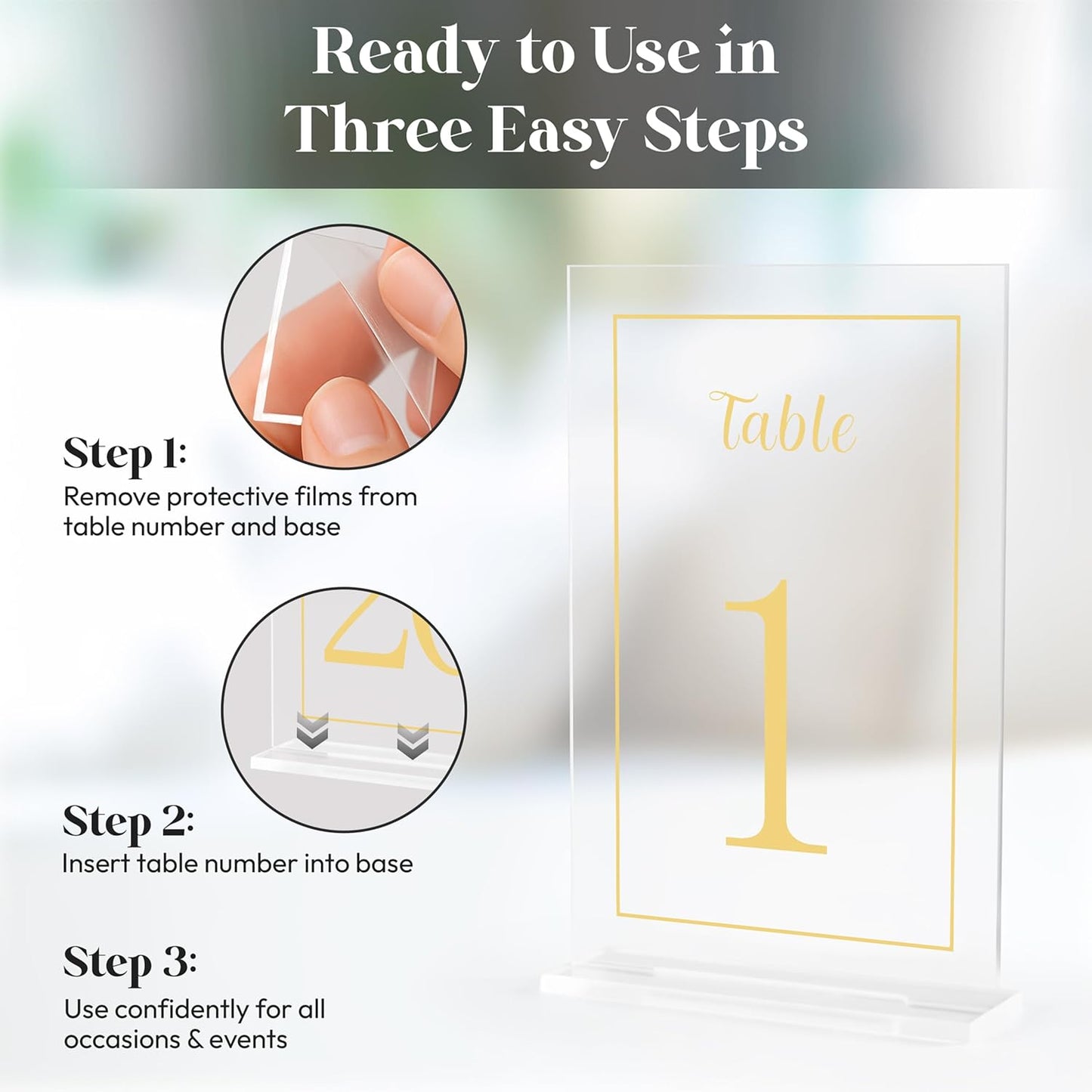 Acrylic Table Numbers 1-20 with Stand, Printed Gold Font on 4x6 inch Acrylic, Clear Table Number Signs and Holders, Centerpiece for Events, Weddings, Reception, Party, Anniversary, and Decoration