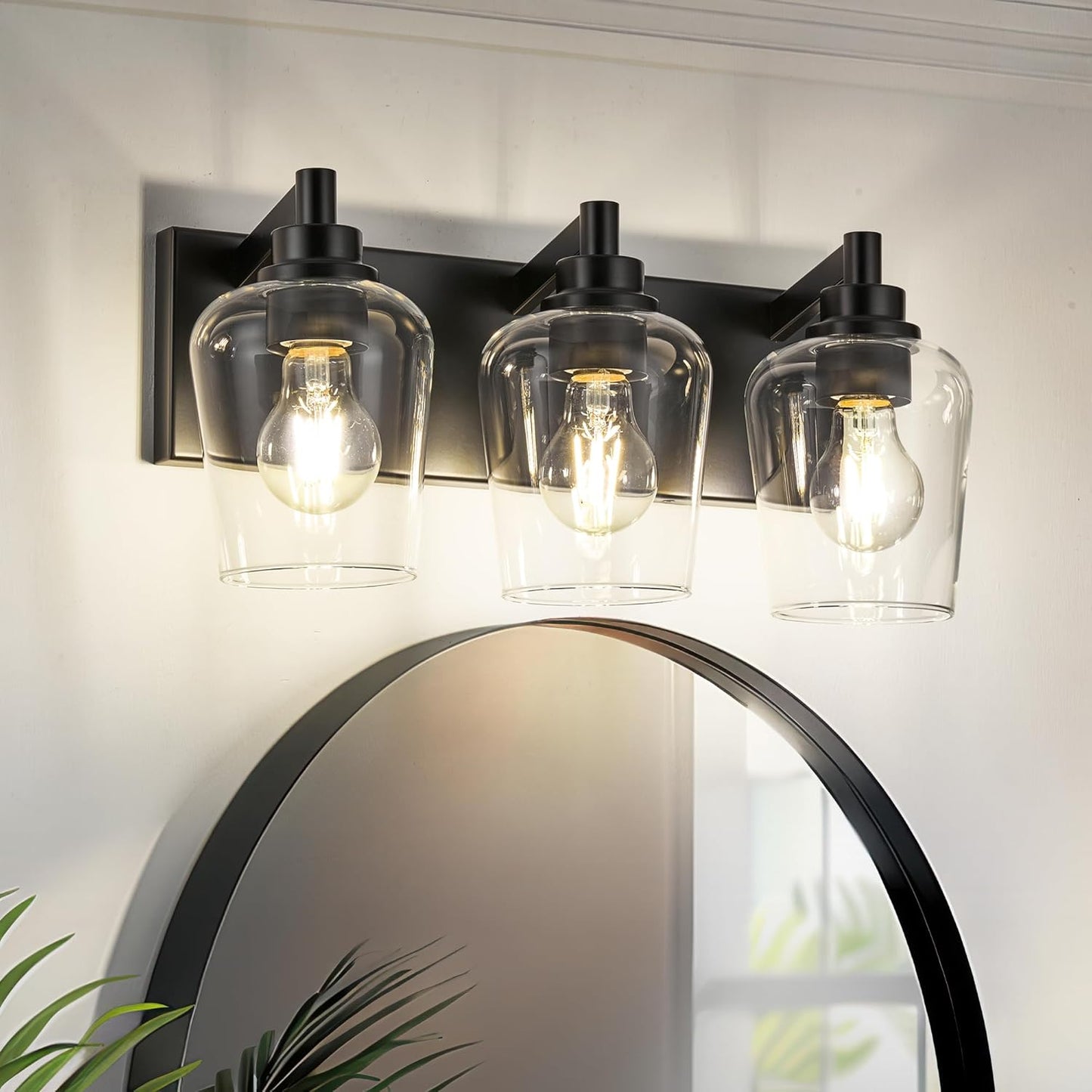 Bathroom Light Fixtures, 3-Light Modern Vanity Light with Clear Glass Wine Glass-Shaped Shade, Vanity Lighting Fixtures Over Mirror, Matte Black, VL155-MB-3