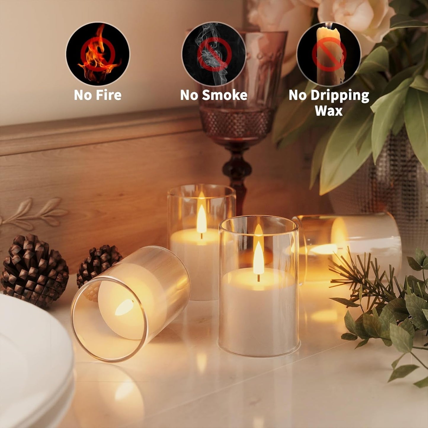 6Pack Flickering Flameless LED Candles with Timer, Battery Powered - Small Pillar & Votive, Clear (2"X3")