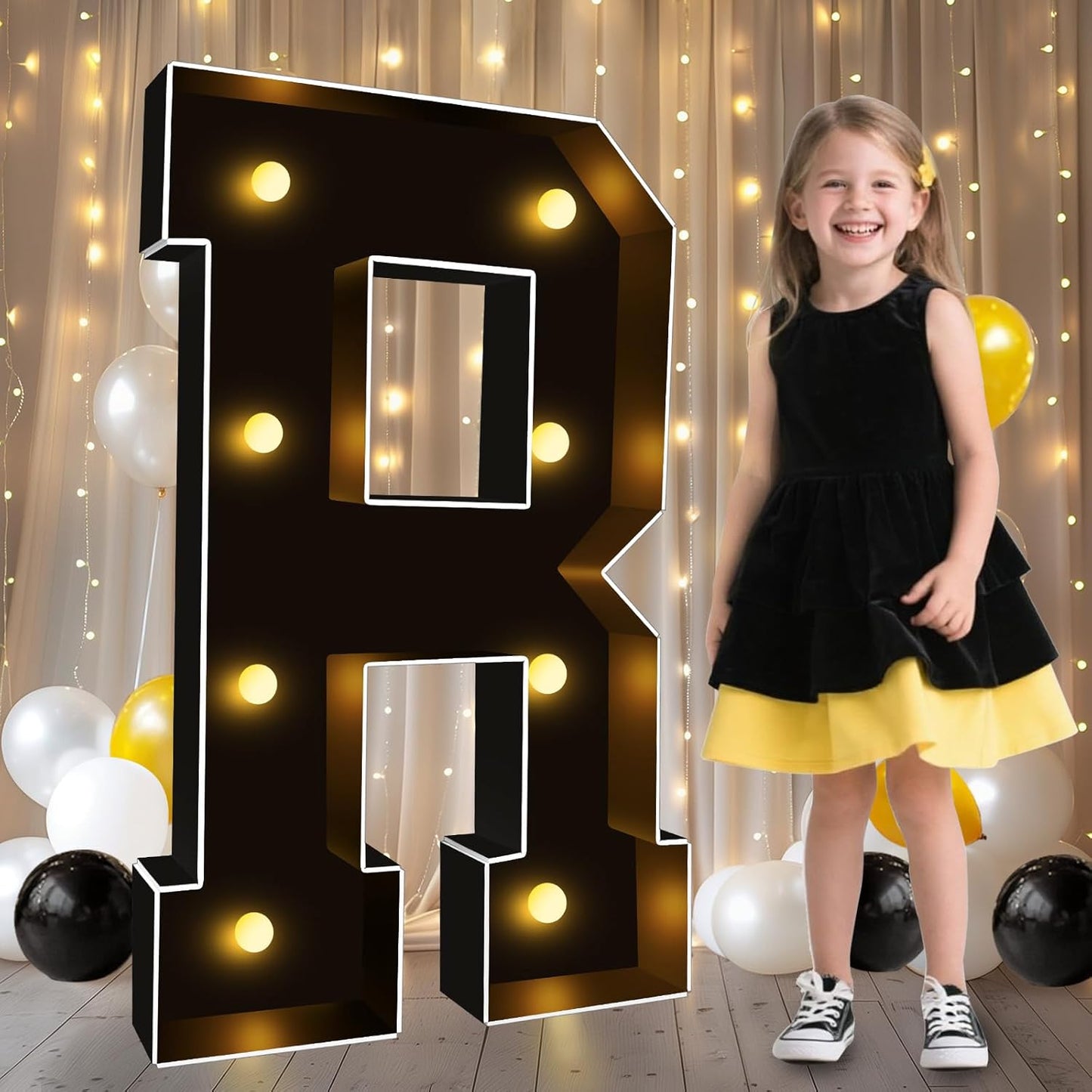 Pooqla 3 FT Marquee Light Up Letters, Black Marquee Letter Lights 3 Feet Tall, Giant LED Sign Big Mosaic Letters for Balloons Birthday Party Anniversary Wedding Decorations, Warm White R