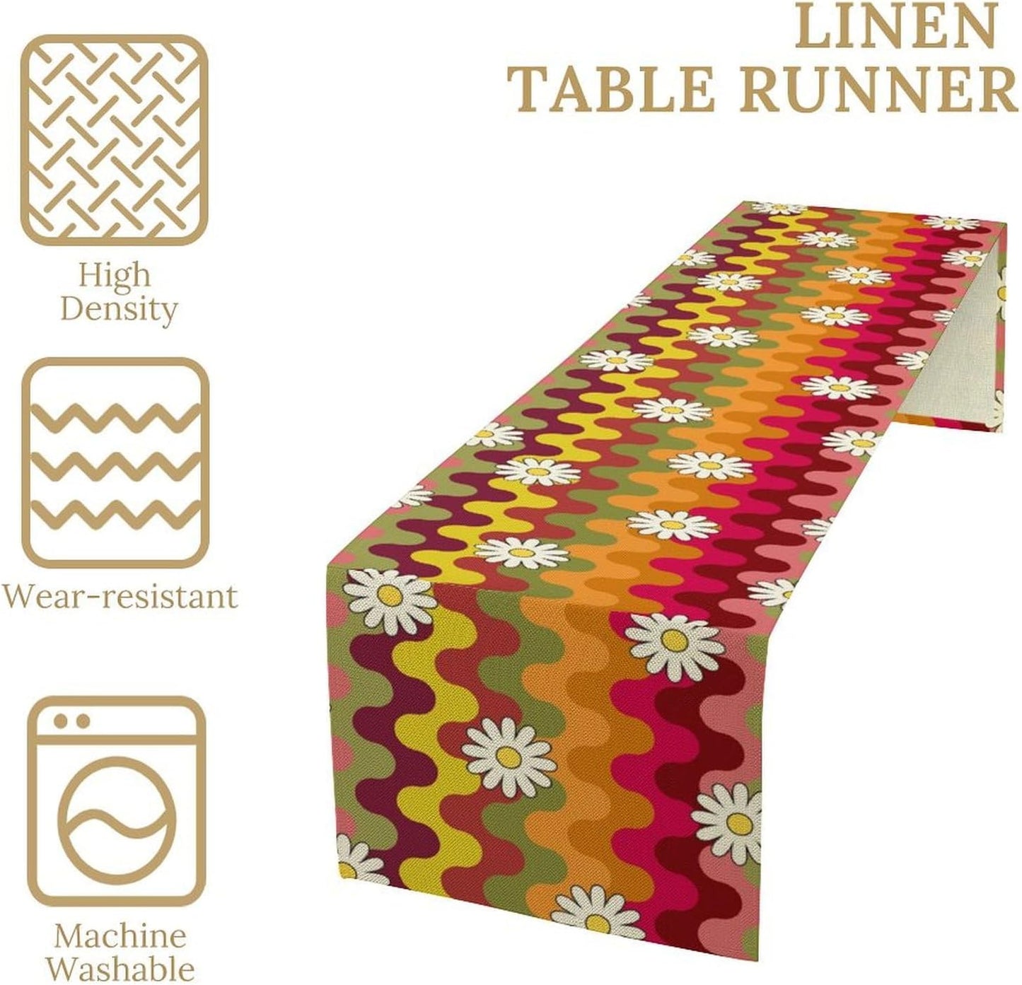 Vintage Floral Table Runner,60s 70s Colorful Retro Abstract Hippie Print Table Runner for Kitchen Dining Table Home Party Decoration 13x108 Inch