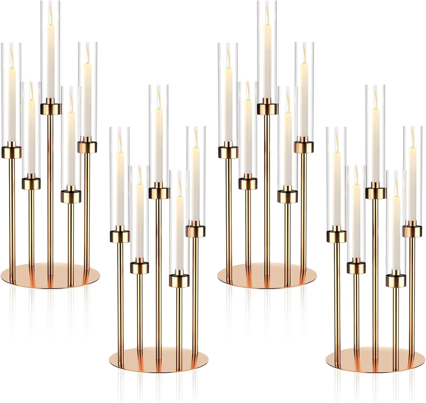 5 Arm Gold Candelabra Centerpieces for Table 4 Set Floor Candelabras Metal Candlestick for LED Candle 26'' Tall Candle Holders with Acrylic Lampshade for Wedding Party Fireplace