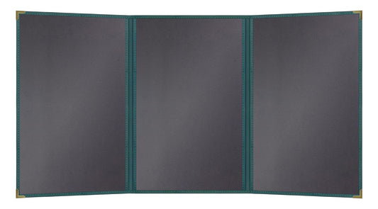 Goodsmart Pajco Style Restaurant Menu Covers – Pack of 10, Side-Load Fold-Out Menu Holders, Single Stitched Edge Clear Vinyl Menu Sleeves, Leatherette Trim Gold Corners, Green, 3 View (8.5" x 14")