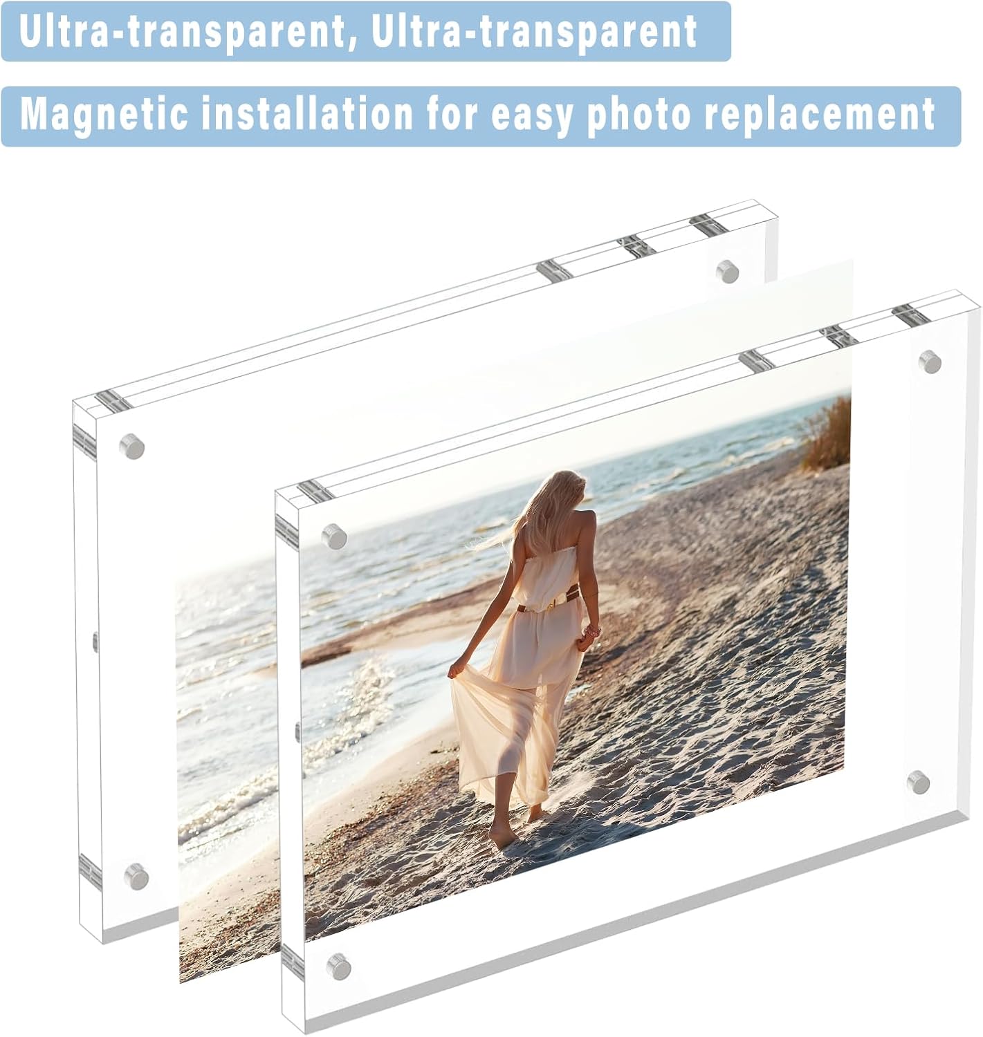 HELPLEX Acrylic Frames, 2 Pack 8.5x11, 24mm Thicker Frameless Clear Frame, Double Sided Magnetic, Free Standing Desktop Display