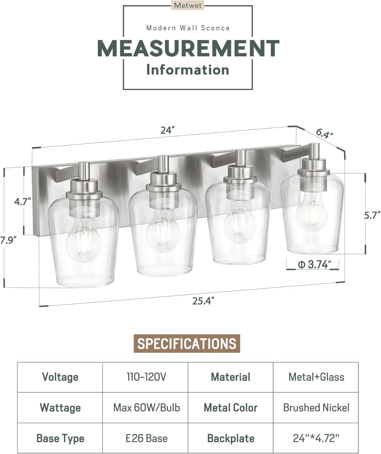 Bathroom Light Fixtures, 4-Light Modern Vanity Light with Clear Glass Wine Glass-Shaped Shade, Vanity Lighting Fixtures Over Mirror, Brushed Nickel, VL155-BN-4