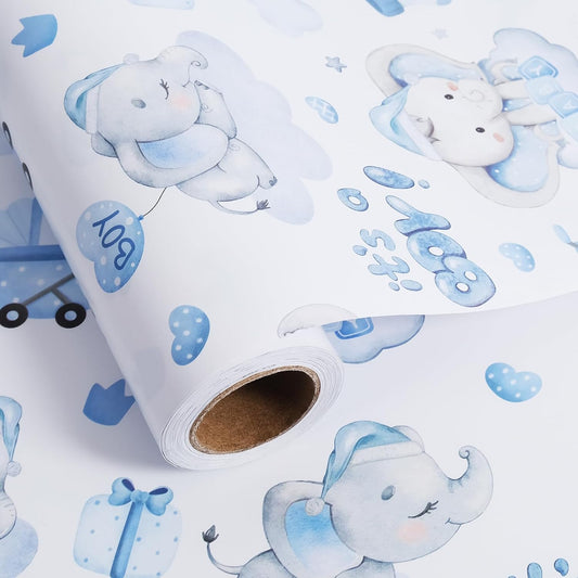 Aimyoo Blue Baby Shower Wrapping Paper Roll - 17 Inch X 32.8 Feet - Cute Elephant with It‘s A Boy Letter Design Perfect for Boys, Birthday, Party