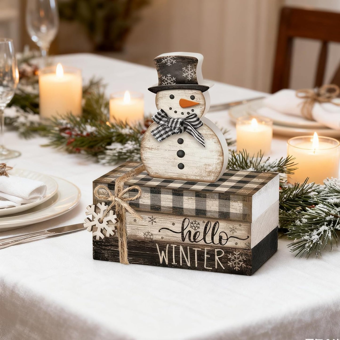 4 Pcs Snowman Christmas Decor Winter Table Decorations Christmas Tiered Tray Decor Winter Centerpiece Indoor Rustic Wooden Snowman Block Sign Gift Farmhouse for Home Kitchen Shelf