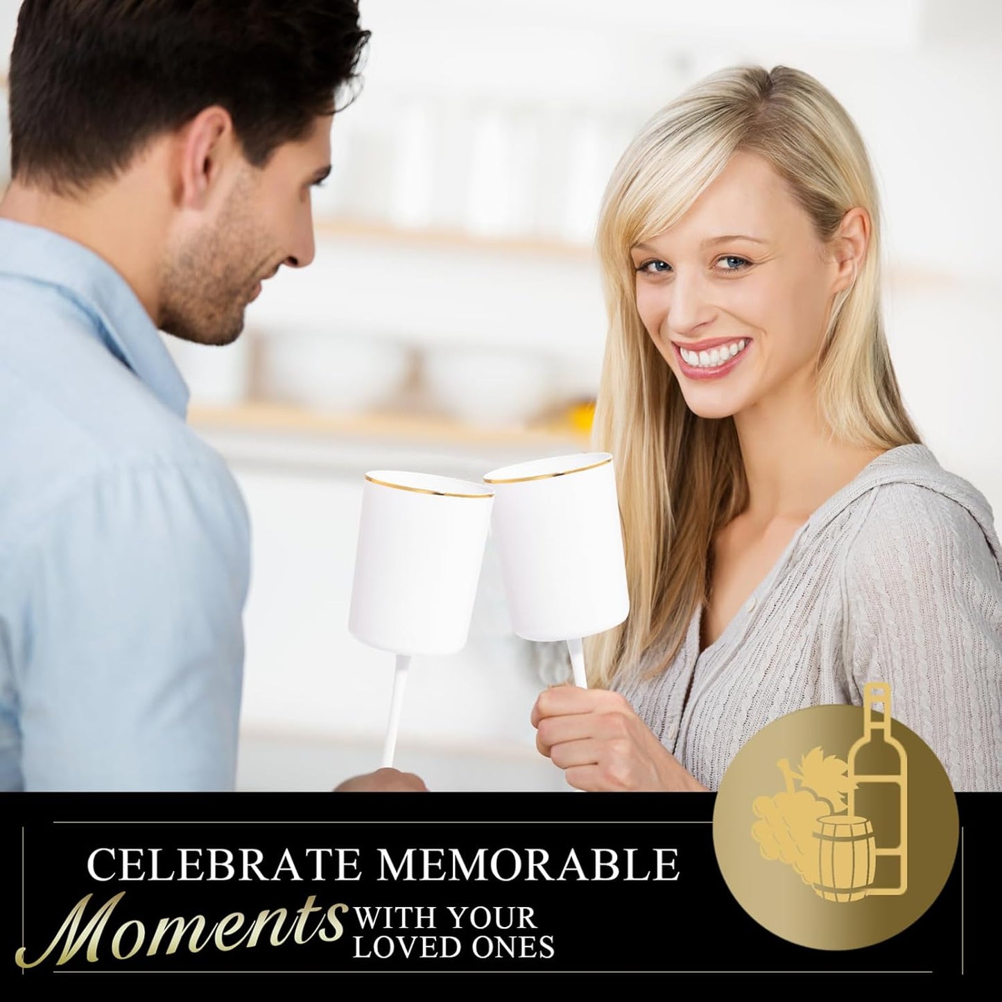 Ciaell 12 Pack White Plastic Wine Glasses with Stem - 10 Oz White and Gold Disposable Wine Glasses for Parties & Weddings & Poolside & Toasting & Outdoors & Graduation