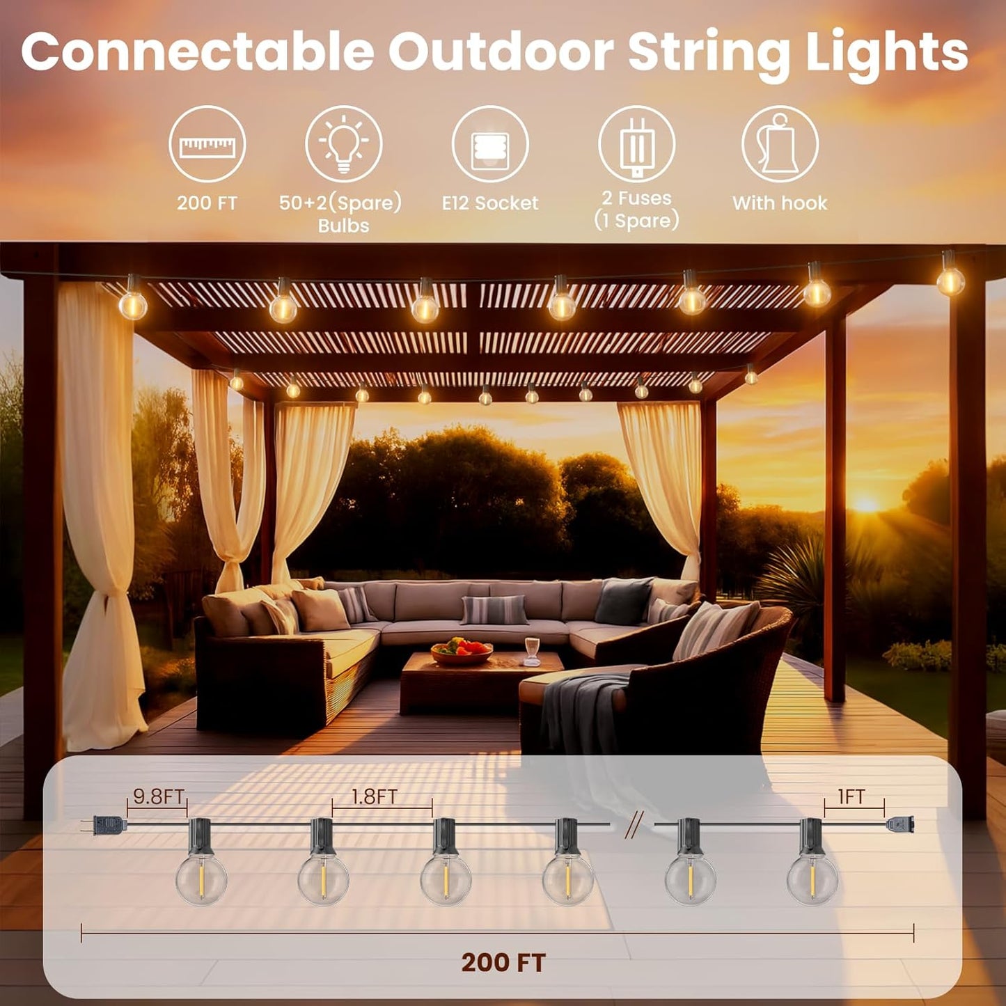 RTTY Outdoor String Lights 200ft, 2 Pack 100ft G40 Led Patio Globe Lights with 52pcs Bulbs,Shatterproof Waterproof Connectable Outside Hanging for Porch Cafe Bistro Backyard Gazebo Balcony Deck Party