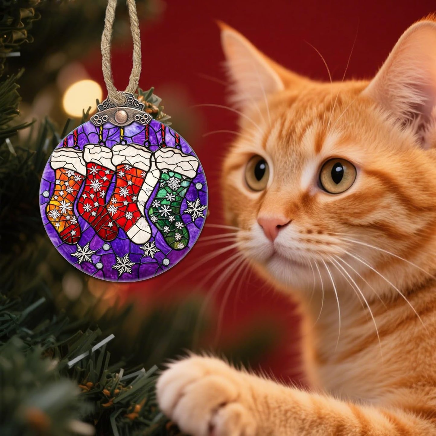 Stained Glass Christmas Decorations, Colorful Socks Suncatcher for Window Christmas Tree Hanging Ornaments Silver Snowflake Sun Catcher Xmas Decor Gifts for Women Men Mom Nana Friend