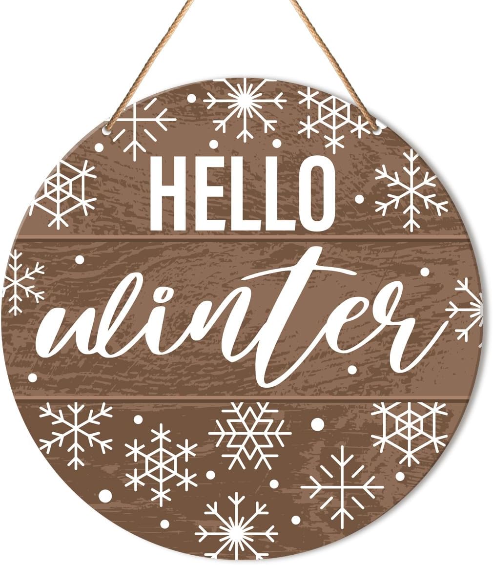 Muktoujaumai Hello Winter Sign Front Door Decor, Christmas Round Hanging Sign Decor Rustic Snowflake Xmas Holiday Wall Decorations Winter Wood Sign for Door, Porch, Home, Welcome Winter