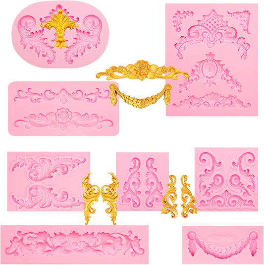 Baroque Scroll Silicone Fondant Molds, 8-Piece Decorative Border Cake Molds Set for Cupcake Topper Candy Gummy Clay DIY Crafts, Pink