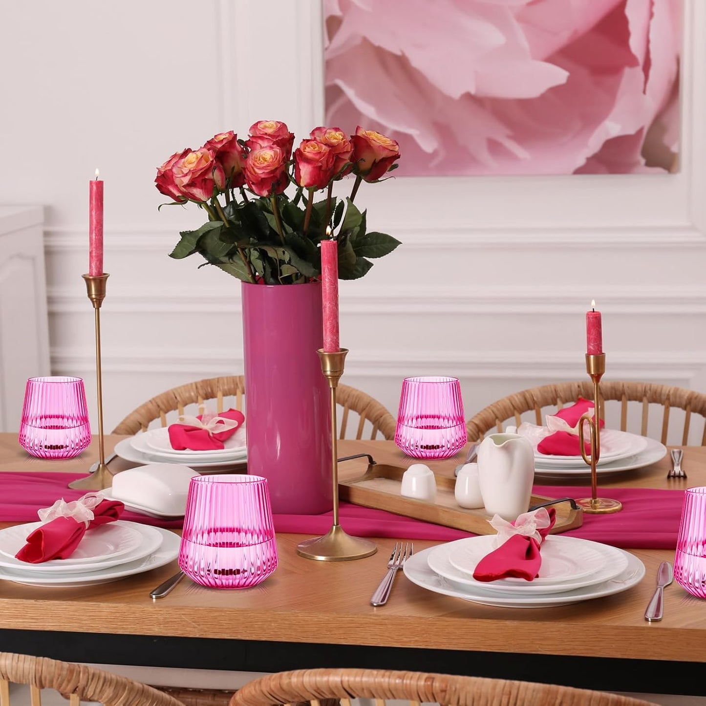 Suclain 50 Pcs Plastic Wine Glasses Ribbed Stemless Wine Glasses 14oz Vertical Design Unbreakable Cups for Outdoor Indoor Vintage Elegant Champagne Whiskey Cups for Party Wedding (Hot Pink)