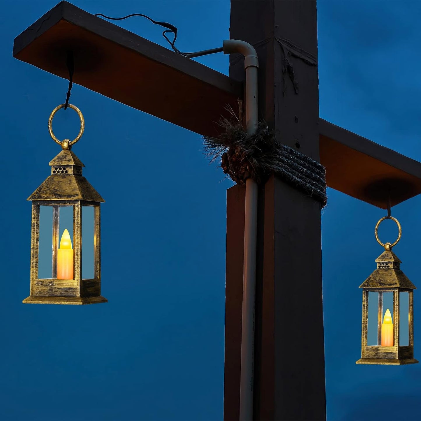 Hoolerry 24 Set Halloween Mini Lanterns with LED Candles 5.5'' Decorative Hanging Small Vintage Lantern Centerpiece Battery Powered for Wedding Table(Bronze)