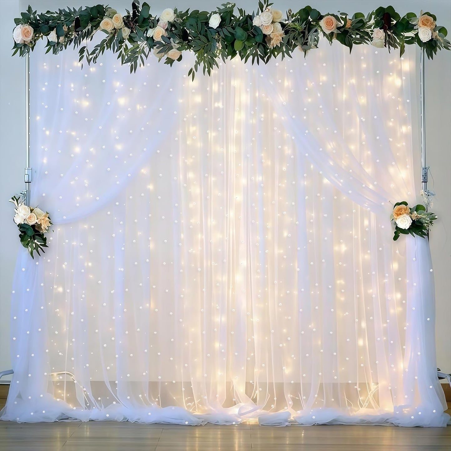 10 x 10 FT Pearl White Tulle Backdrop Curtain with Lights Strings,Wedding Background Curtain Baby Shower Birthday Parties Photo Decorations(2 Panels 5×10ft)